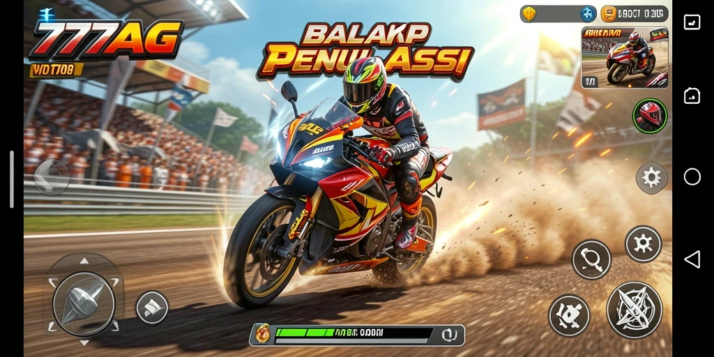 Screenshot gameplay <strong>777AG</strong> yang menampilkan aksi balap motor yang mendebarkan.