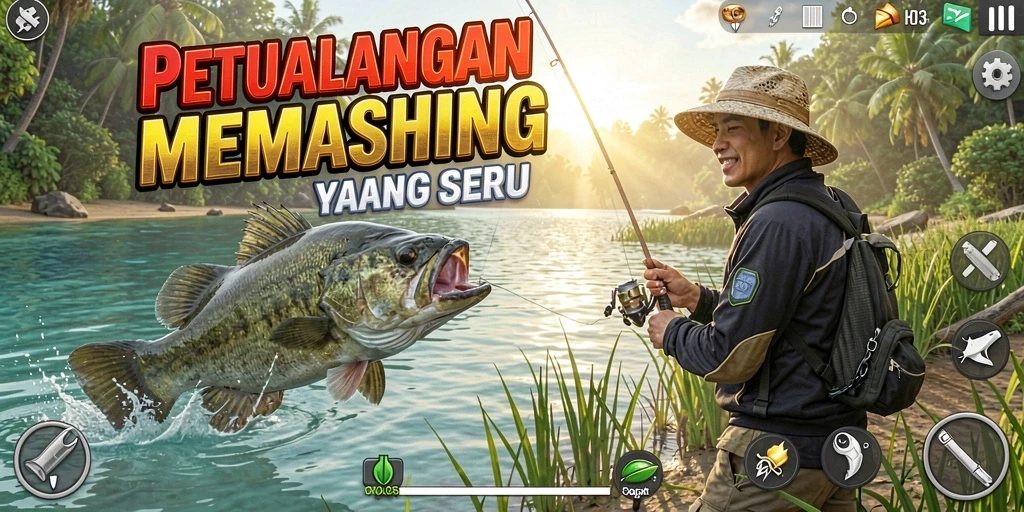 Tampilan menarik dari gameplay H03 saat menangkap ikan di pemandangan indah.