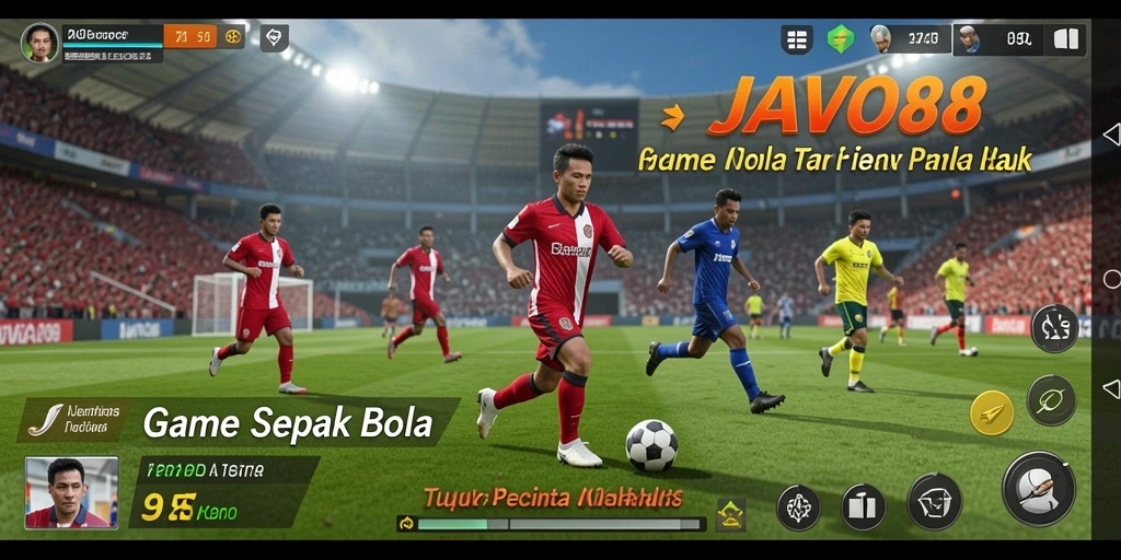 Screenshot utama menunjukkan aksi mendebarkan dalam permainan sepak bola.