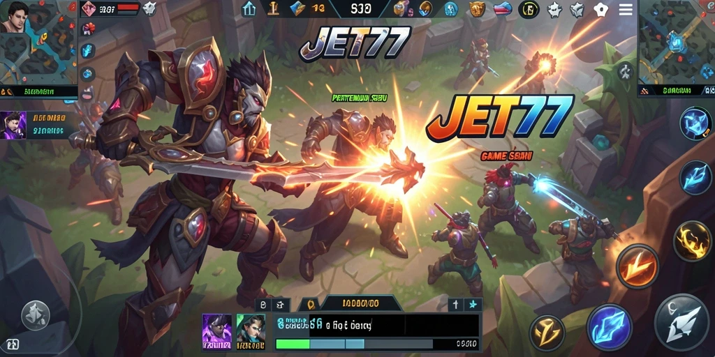 Screenshot gameplay JET77 yang menunjukkan aksi pertempuran MOBA yang seru.