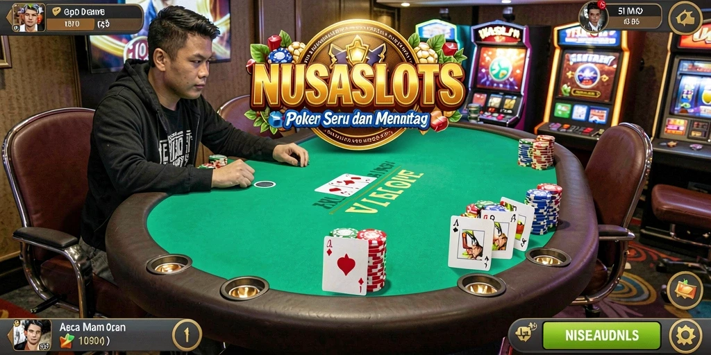 Tampilan gameplay seru NUSASLOTS dengan pemain bersaing di meja Poker.