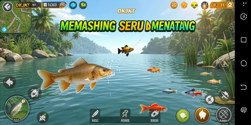 Screenshot gameplay OKJKT yang menunjukkan momen seru saat memancing.