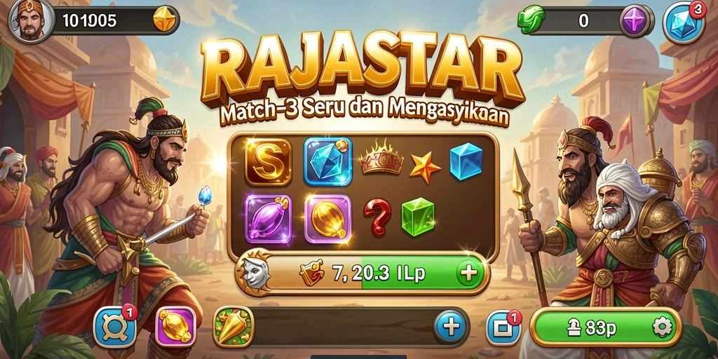Tampilan gameplay RAJASTAR menampilkan keseruan mencocokkan permata dalam level Match-3.