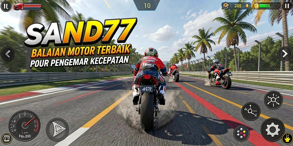 Screenshot SAND77 menunjukkan balapan motor yang seru dengan grafik menakjubkan.