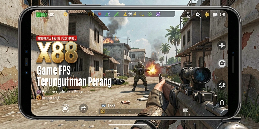 Screenshot X88 menunjukkan aksi mendebarkan dalam pertempuran FPS.